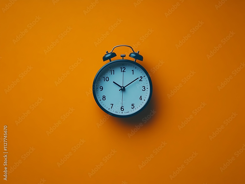 Dark Blue Alarm Clock Against Orange Background Dark Blue Alarm Clock Against Orange Background