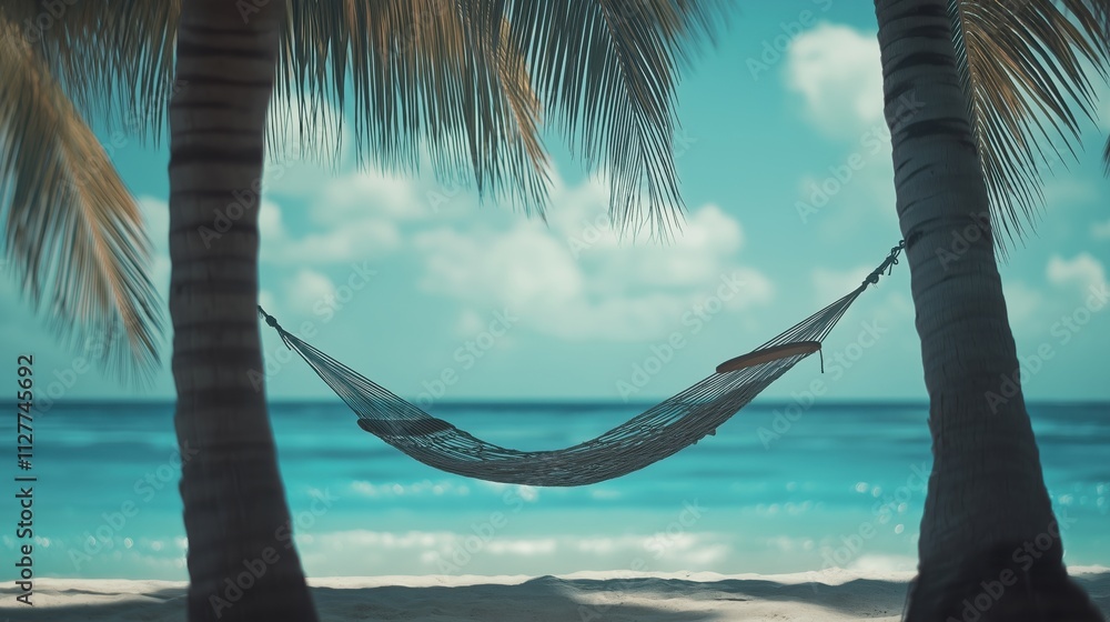 Fototapeta premium A peaceful hammock swaying between palm trees on a tropical beach with clear blue water.