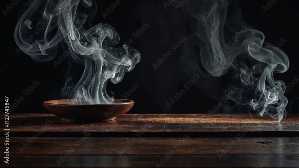 Fototapeta premium Rising smoke over dark wooden table display