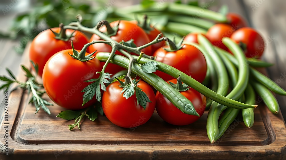 Fresh Tomatoes & Green Beans on Rustic Board - Gourmet Food Photography Fresh Tomatoes & Green Beans on Rustic Board - Gourmet Food Photography