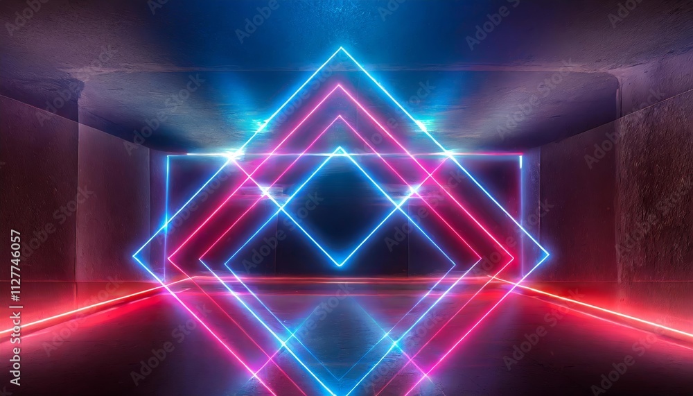 Abstract Neon Light Geometric Background: A Stunning Visual of Glowing Neon Lines and an Empty Futuristic Stage with Laser Effects for Modern Design Projects and Digital Art Creations Abstract Neon Light Geometric Background: A Stunning Visual of Glowing Neon Lines and an Empty Futuristic Stage with Laser Effects for Modern Design Projects and Digital Art Creations