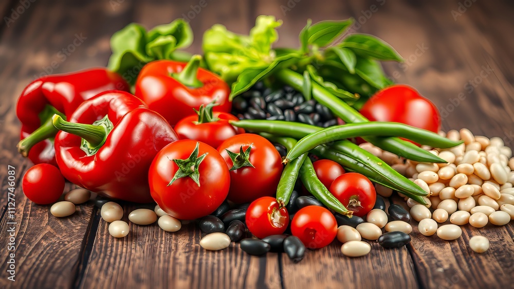 Fresh Vegetables & Legumes on Rustic Wood - Vibrant Food Photography Fresh Vegetables & Legumes on Rustic Wood - Vibrant Food Photography