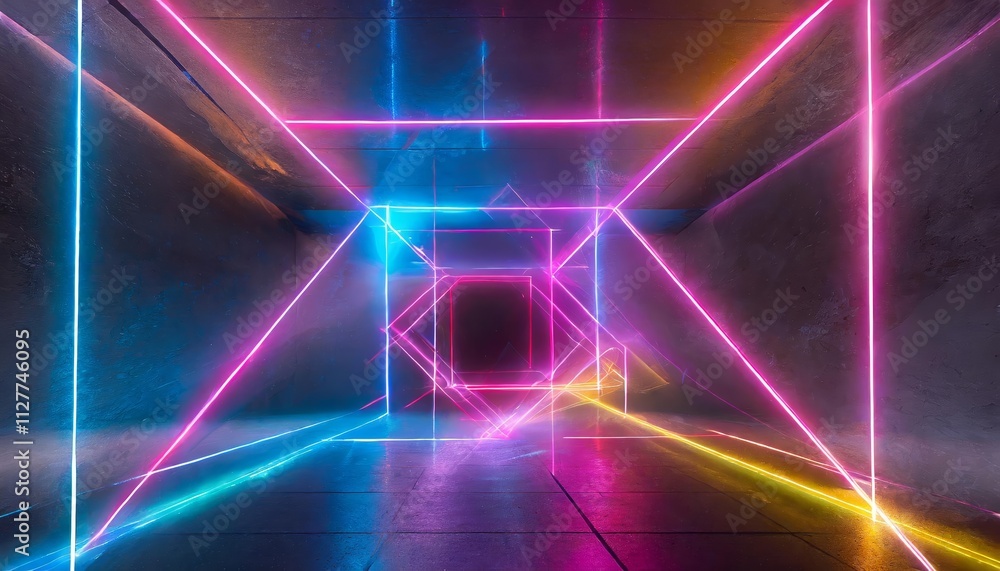 Abstract Neon Light Geometric Background: A Stunning Display of Glowing Neon Lines Creating an Empty Futuristic Stage with Laser Effects for Modern Design Projects and Digital Art ().jpg Abstract Neon Light Geometric Background: A Stunning Display of Glowing Neon Lines Creating an Empty Futuristic Stage with Laser Effects for Modern Design Projects and Digital Art ().jpg
