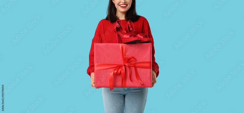 Beautiful young woman with gift box and stylish high-heeled shoes on light blue background. Valentine's Day celebration Beautiful young woman with gift box and stylish high-heeled shoes on light blue background. Valentine's Day celebration