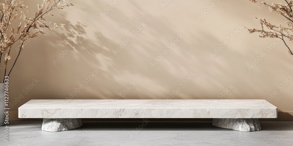 Elegant marble display platform against beige wall with dried flowers. Elegant marble display platform against beige wall with dried flowers.