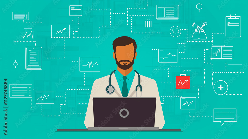 Healthcare professional analyzing data on computer medical office digital illustration professional environment front view health insights Healthcare professional analyzing data on computer medical office digital illustration professional environment front view health insights