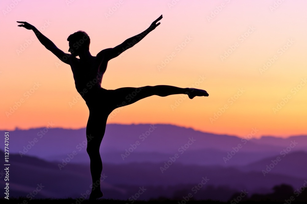 Male dancer silhouette at sunset, mountains background. Male dancer silhouette at sunset, mountains background.