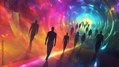 Silhouetted figures walk toward a vibrant, colorful, swirling tunnel of light.