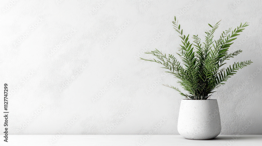 A sleek minimalist fern plant in a white pot against a textured wall A sleek minimalist fern plant in a white pot against a textured wall