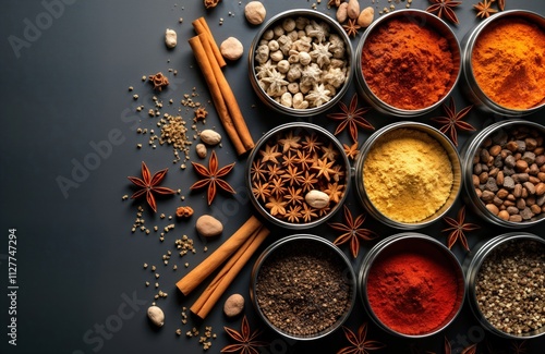 Fototapeta Naklejka Na Ścianę i Meble -  Overhead view of various Indian chai spices. Metal tins hold different dry spices like cardamom, cinnamon, turmeric. Spices like anise, star anise, ginger, pepper also present. Dark background