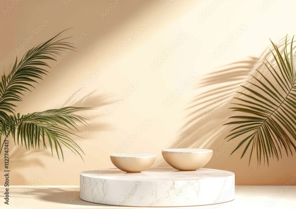 Two golden bowls on marble podium with palm leaves. Two golden bowls on marble podium with palm leaves.