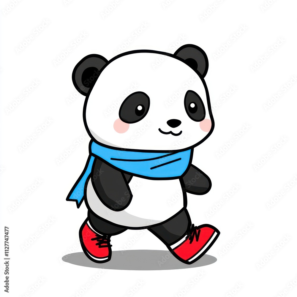 Cute panda wearing scarf and shoes walking. Cute panda wearing scarf and shoes walking.