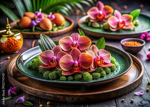 Exquisite Tongueorchid Culinary Presentation: A Stunning Food Photography Display of Unique Edible Flowers in a Gourmet Dish with Vibrant Colors and Artistic Arrangement photo