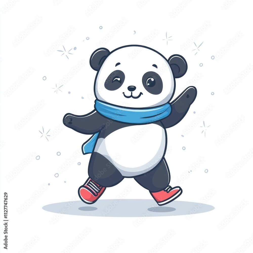 Happy panda in winter attire, dancing in snow. Happy panda in winter attire, dancing in snow.