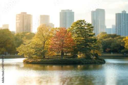 Autumnal island in city park.