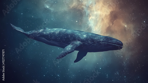 A blue whale swims through a starry, nebulous sky. Nebulous. Illustration