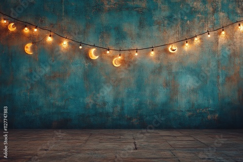 Vintage String Lights Hanging Against Distressed Blue Wall Creating Cozy Nostalgic Ambiance in Empty Room Decoration Design Concept photo