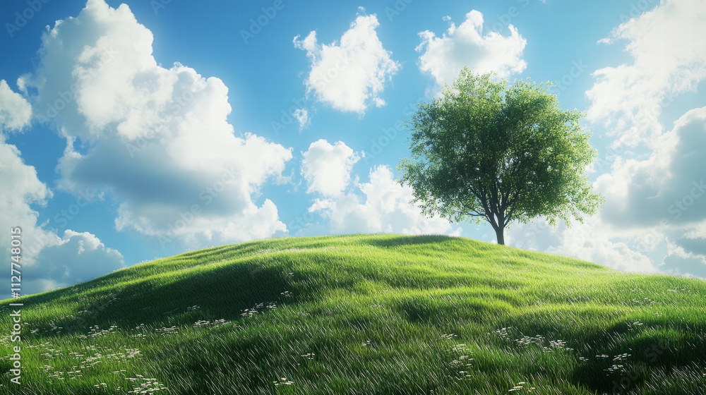 A single tree on the grassy hill, blue sky background, green color tone, 3D rendering A single tree on the grassy hill, blue sky background, green color tone, 3D rendering