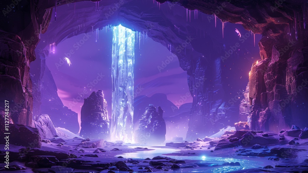 Glowing waterfall in a purple cave, icy landscape. Glowing waterfall in a purple cave, icy landscape.