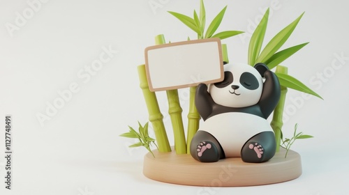 Cute panda holding blank sign in bamboo forest. photo