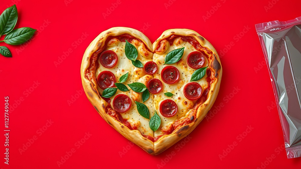 Heart Shaped Pizza on Red Background - Delicious AI Photo Heart Shaped Pizza on Red Background - Delicious AI Photo
