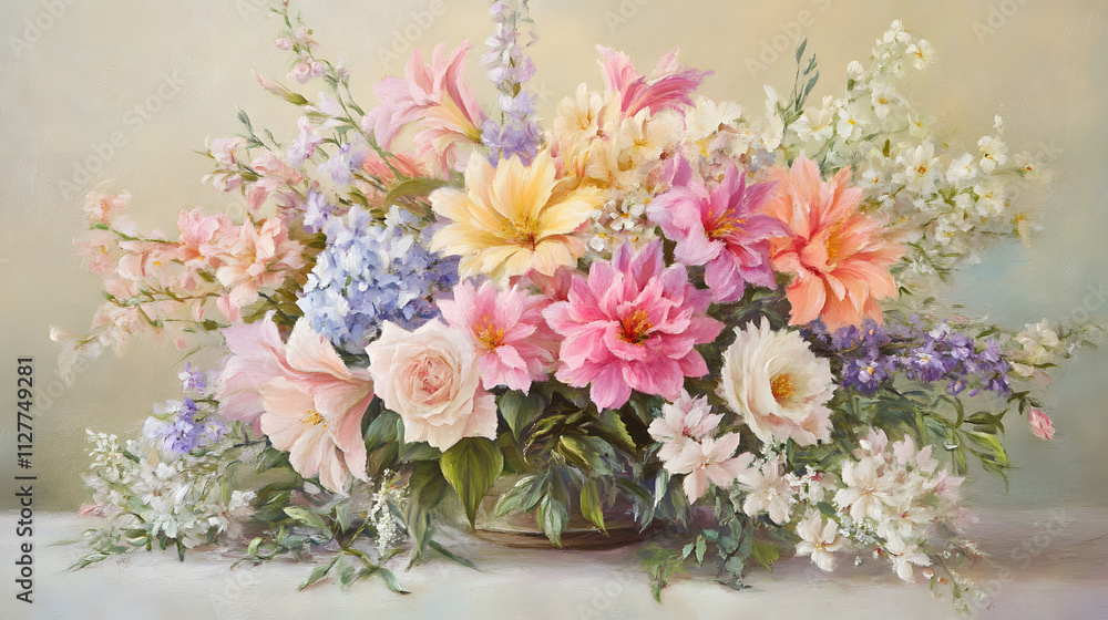 A still life painting showcases a vibrant bouquet of pink, white, and blue flowers in a vase, bathed in soft light. A still life painting showcases a vibrant bouquet of pink, white, and blue flowers in a vase, bathed in soft light.
