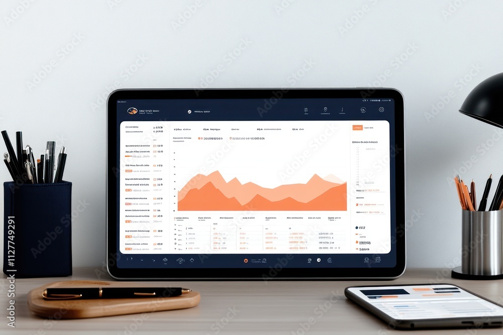 Modern laptop displaying financial data graphs and charts on a clean workspace. Modern laptop displaying financial data graphs and charts on a clean workspace.