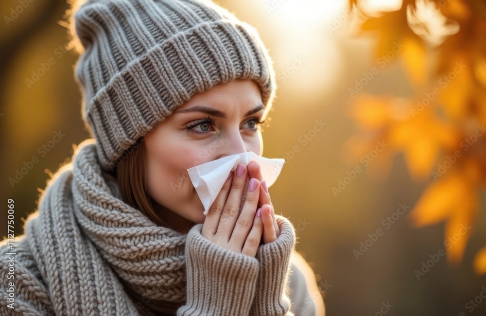 Woman wearing warm clothes outdoors wipes nose with tissue. Autumn scene with fall foliage. Woman cold allergy. Outdoors in nature. Cozy clothing. Seasonal health issue. Outdoor activity. Woman with Woman wearing warm clothes outdoors wipes nose with tissue. Autumn scene with fall foliage. Woman cold allergy. Outdoors in nature. Cozy clothing. Seasonal health issue. Outdoor activity. Woman with