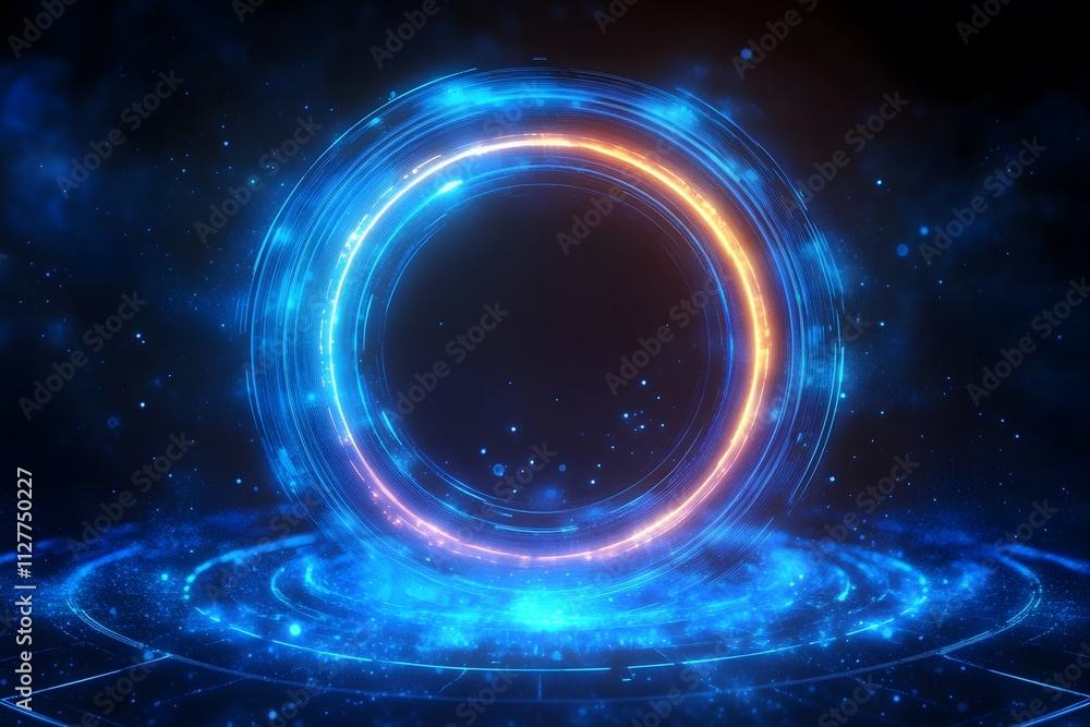 Abstract glowing circle lines on dark blue background. Geometric stripe line art design. Modern shiny blue lines. Futuristic technology concept. Suit for poster, cover, banner, brochure and website Abstract glowing circle lines on dark blue background. Geometric stripe line art design. Modern shiny blue lines. Futuristic technology concept. Suit for poster, cover, banner, brochure and website