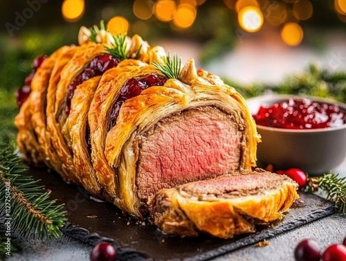 Festive Beef Wellington with Puff Pastry, Cranberries, Rosemary, Holiday Dinner Cuisine, Gourmet Dish, Christmas Celebration Concept