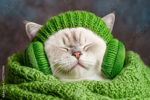 Cozy cat wearing green headphones and knitted hat, sleeping peacefully. photo