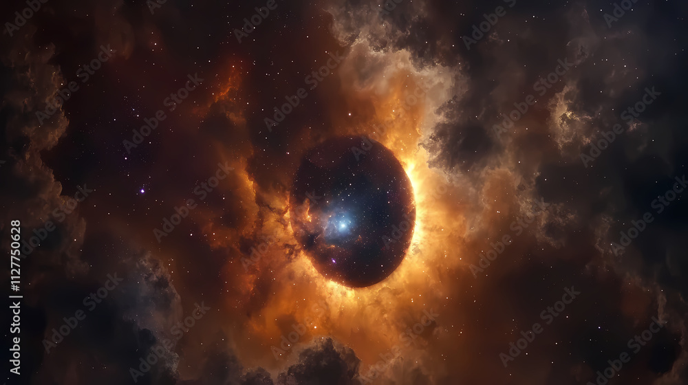 Obraz premium A stunning cosmic scene depicting a solar eclipse surrounded by vibrant stars and nebulous clouds, highlighting the beauty of our universe. Nebulous. Illustration