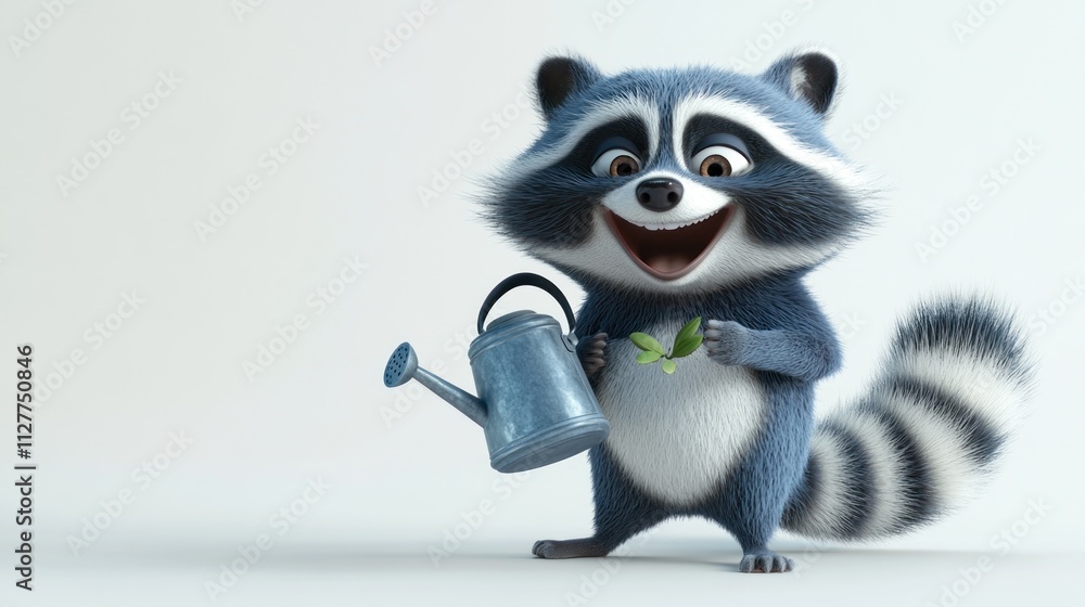 Happy cartoon raccoon gardening with watering can and plant. Happy cartoon raccoon gardening with watering can and plant.