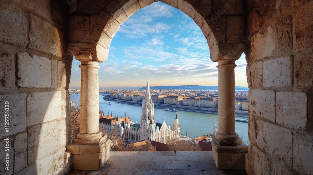Obraz premium Stone archway, cityscape view, Matthias Church, Danube River.