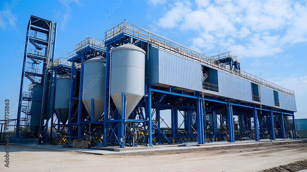 Obraz premium A large industrial plant with many tanks and pipes. The image is a 3D rendering of the plant