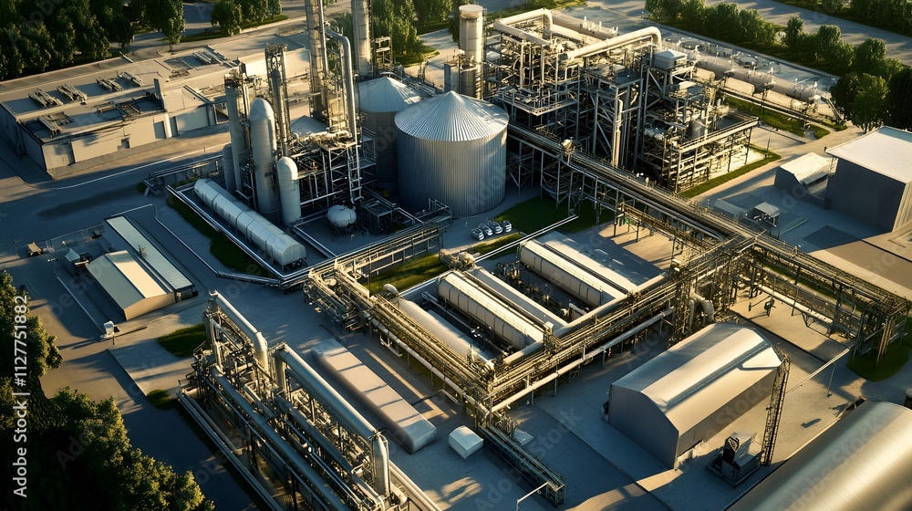 Fototapeta premium A large industrial plant with many tanks and pipes. The image is a 3D rendering of the plant
