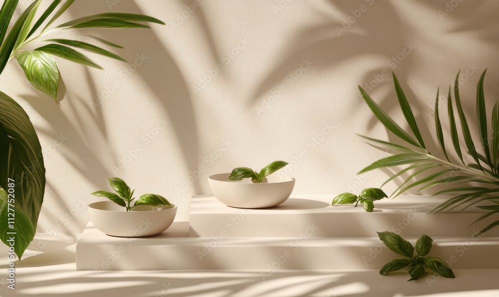 Two bowls of basil on beige platform with tropical leaves and shadows. Two bowls of basil on beige platform with tropical leaves and shadows.