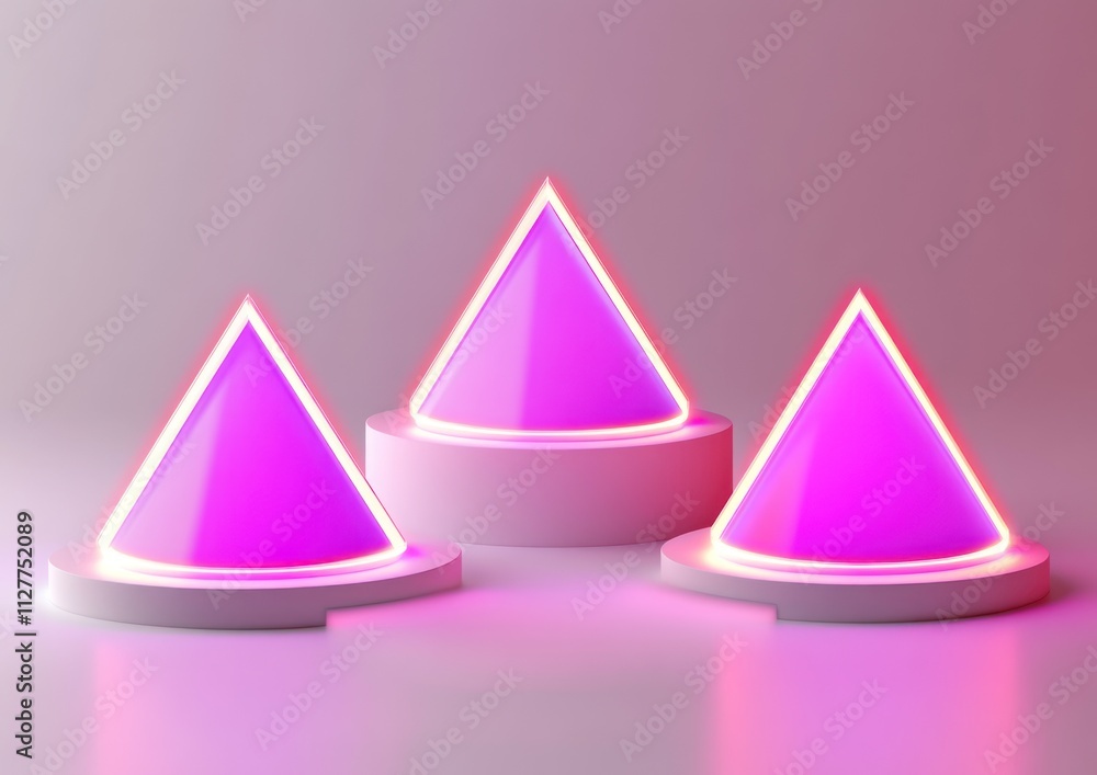 Three glowing pink cones on white platforms. Three glowing pink cones on white platforms.