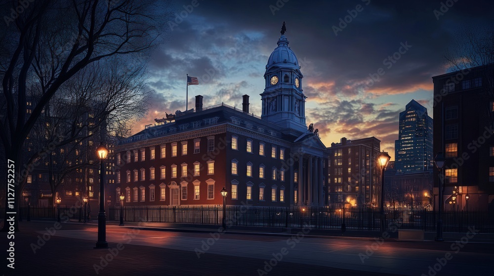 Naklejka premium Night cityscape, illuminated building, lampposts, dusky sky.