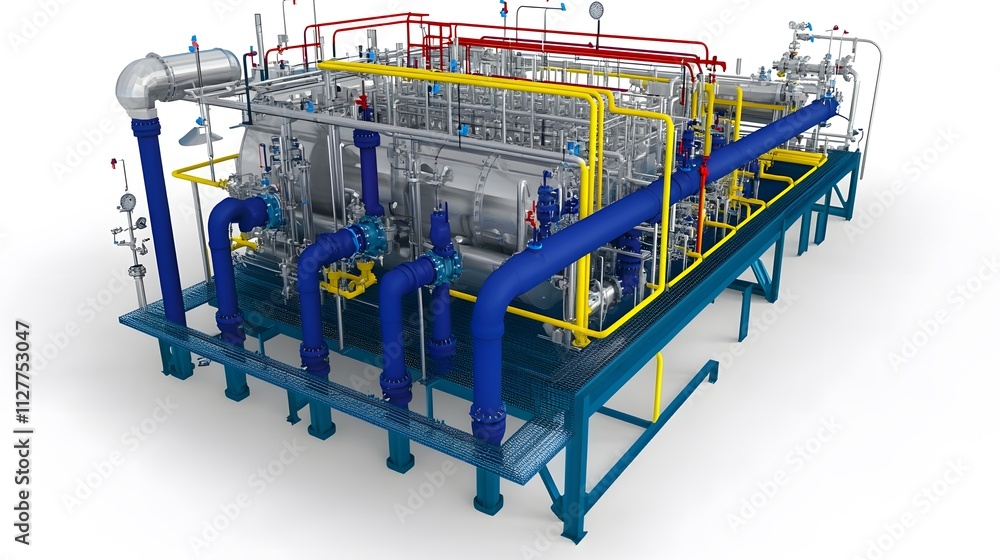 A large industrial machine with many pipes and valves. The machine is blue and silver. The machine is designed to process and control fluids A large industrial machine with many pipes and valves. The machine is blue and silver. The machine is designed to process and control fluids