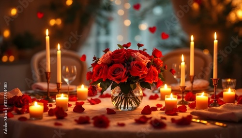 Romantic Candlelit Dinner Table with Red Roses and Petals