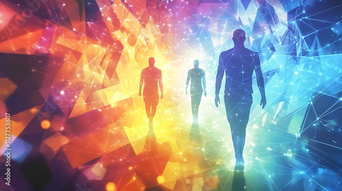 Three figures walking through a vibrant, abstract, multicolored energy field.