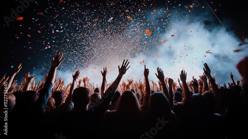 Enthusiastic crowd at concert venue raises hands. Confetti falls from above. People celebrate live music performance. Energy, excitement fills air. Audience enjoys event. Great atmosphere in concert