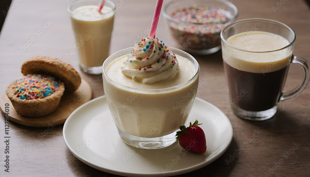 birthday cake batter milkshake topped with whipped cream and sprinkles birthday cake batter milkshake topped with whipped cream and sprinkles