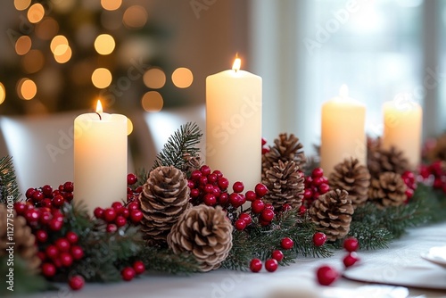 Festive centerpiece with glowing candles, pinecones, red berries on holiday table, Christmas decoration scene, warm ambiance, seasonal display concept