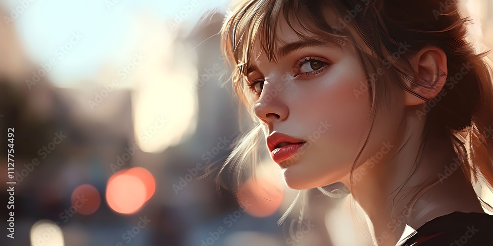 Golden Hour Beauty: A captivating portrait of a young woman with bangs, her face softly illuminated by the warm glow of the setting sun. Her gaze is both alluring and introspective. Golden Hour Beauty: A captivating portrait of a young woman with bangs, her face softly illuminated by the warm glow of the setting sun. Her gaze is both alluring and introspective.
