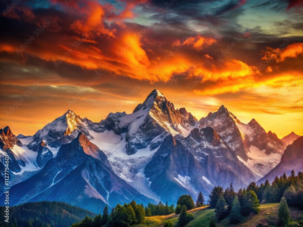 Obraz premium Crisp mountain silhouettes emerge from a fiery gradient sunrise; minimalist landscape.