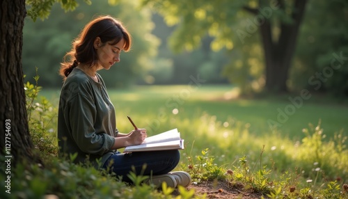 Woman sits in nature journaling. Serene park setting. Thoughtful reflections using mental health prompts. Focus on writing process in quiet environment. Beautiful sunlight filters through trees.