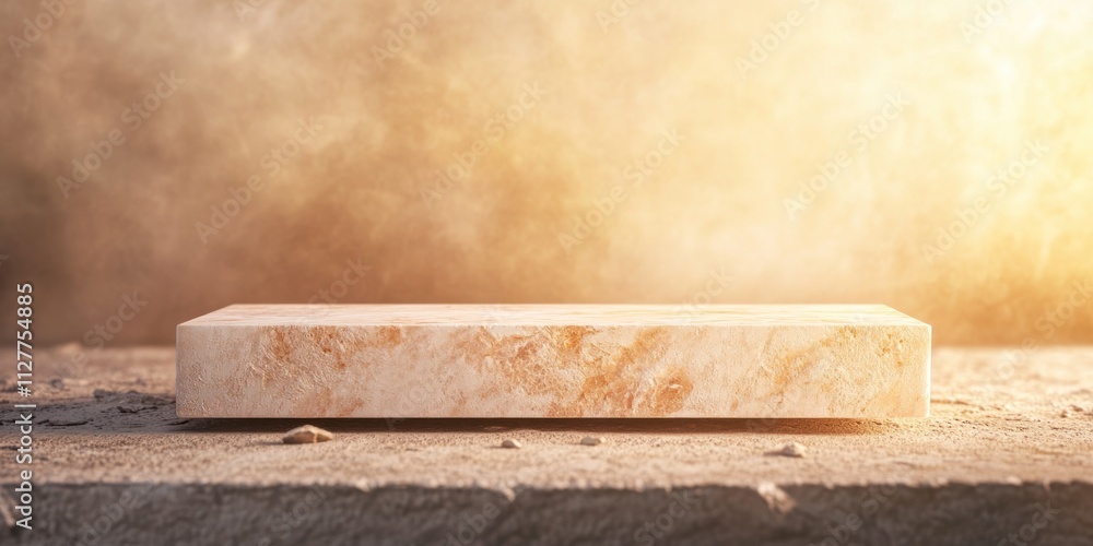 Light beige stone platform on textured surface with smoky background. Light beige stone platform on textured surface with smoky background.