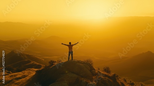 A silhouette of a man with arms outstretched on a mountain peak during a golden sunset.